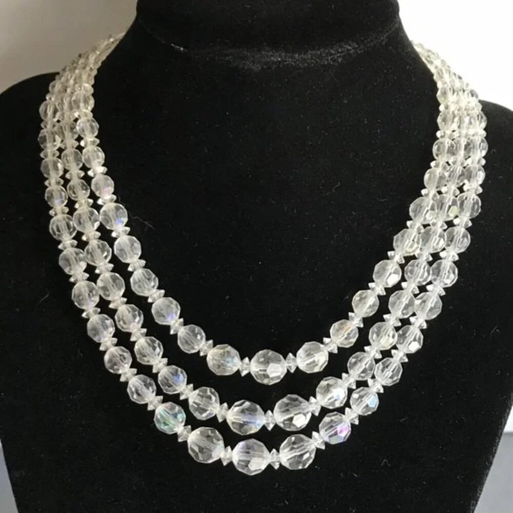 Vintage 3 Strand Aurora Borealis Crystal Necklace Rhinestone Extension 14-16 In